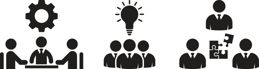 Collection of vector icons of teamwork, solutions, meetings, conferences. Solving problems and finding new innovations in silhouette style. Vector illustration