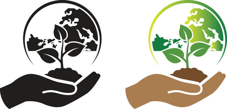 Vector icon of hand with plant seeds for earth. Nature greening logotype symbol with protected art silhouette and color style. Vector illustration