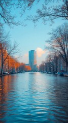 Dutch Canal Sunset Reflections with Cityscape