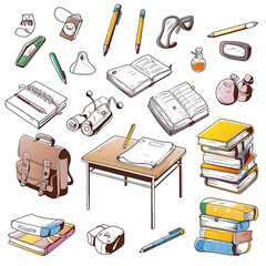 Hand-drawn doodle icons of various educational and school-related stationary items