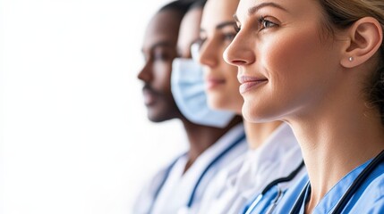 Healthcare professionals in a clinical setting hospital portraits bright environment side view teamwork and compassion