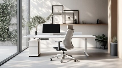 Modern home office with ergonomic chair, desk, and garden view; ideal for productivity
