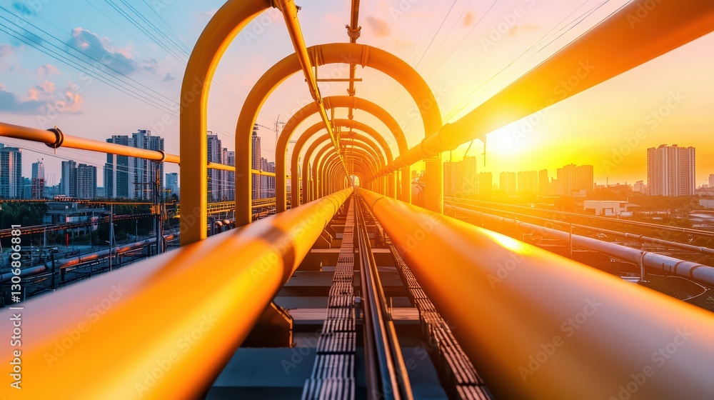 Aufkleber futuristic transportation concept with sunset view of hyperloop infrastructure in urban setting