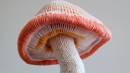 Close-up of a mushroom. the mushroom has a white stem with a pink and orange striped cap. the cap has a yellow stripe running down the center.