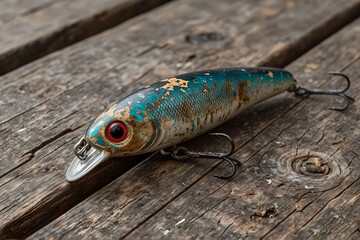 Single Fishing Float In Style of Realistic Photography For Websites & Blog Headers On Weathered Wooden Background With Copy Space