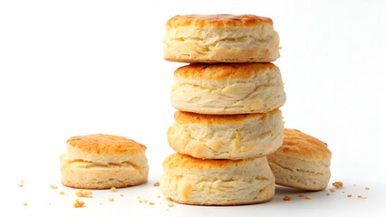 A tall stack of fluffy Southern biscuits with golden, buttery tops, isolated on a white background for a classic homemade feel.