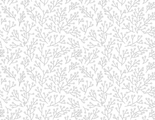 Vector delicate seamless pattern with abstract twigs and dots on white background. Minimalist design. Textiles and graphics. White background.