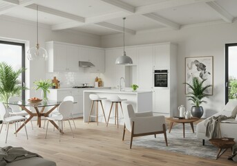 Modern kitchen mockup table and dining room interior with contemporary furniture and design