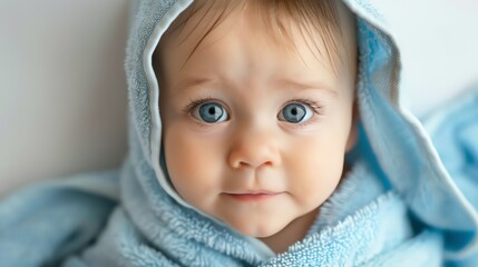 A baby with big blue eyes is wrapped in a blue towel.