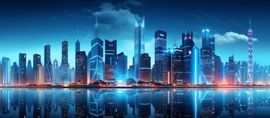Fototapeta premium Stunning night skyline of a futuristic city with illuminated skyscrapers reflecting on water
