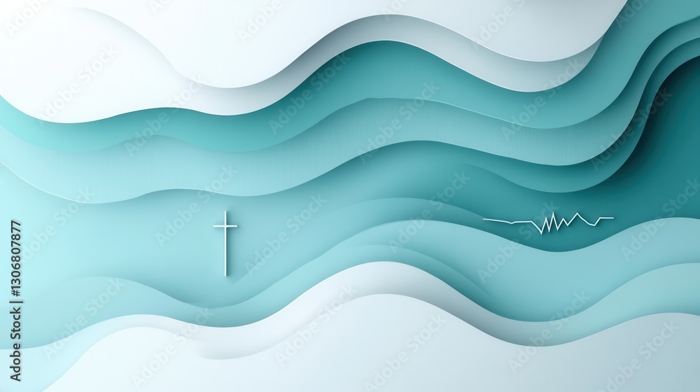 Poster layered paper art background with soothing blue tones incorporating medical symbols for design and p