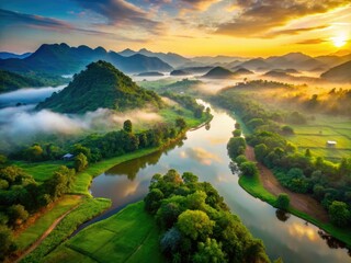 Golden light reveals Kanchanaburi's beauty; misty River Kwai, scenic sunrise.