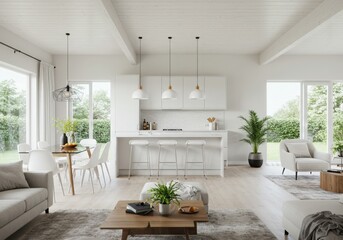 Fototapeta premium Modern kitchen mockup table and dining room interior with contemporary furniture and design
