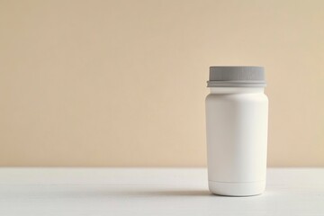 White supplement bottle with a metal cap and a gray plastic rubber shaker on a white wooden table, with a pastel beige background. This is a mockup for product advertising, banner design,