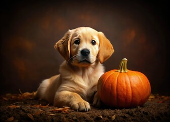 Golden retriever puppy frolics amidst autumn leaves and pumpkins.  A perfect fall photoshoot.