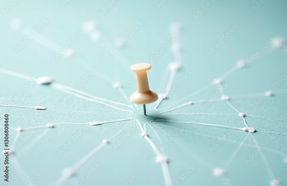 Poster pin in network center on blue. thread lines connect dot points. abstract composition evokes global i