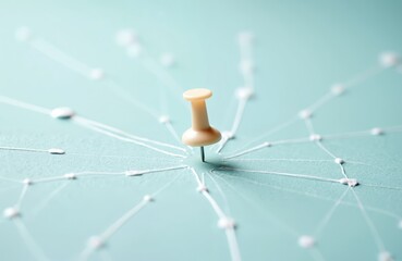 Pin in network center on blue. Thread lines connect dot points. Abstract composition evokes global interaction, business strategy, social media connections, community relations. Communication web