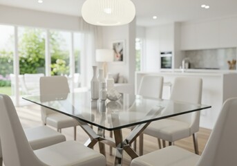 Modern kitchen mockup table and dining room interior with contemporary furniture and design