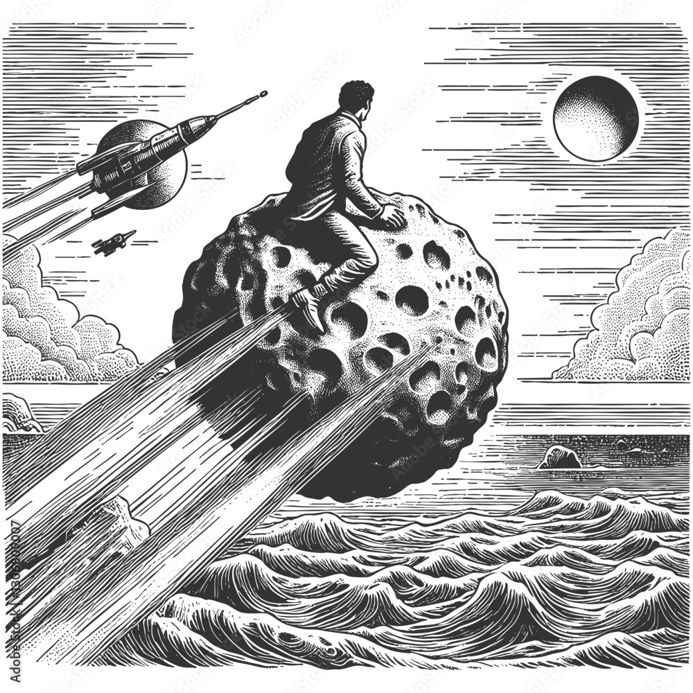 Poster man sitting on a cratered asteroid, soaring through space above the ocean, with rockets and planets 