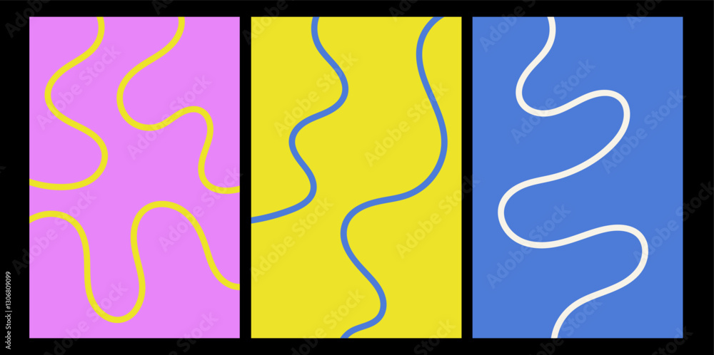 Poster abstract playful minimalistic background with wavy line. set of posters with organic curvy curly str