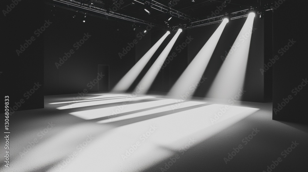 Aufkleber black and white photograph of an empty room with a high ceiling and multiple spotlights shining down
