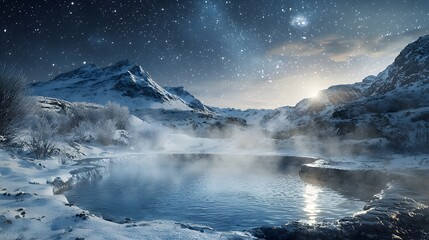 Fototapeta premium Serene winter night landscape frozen lake digital art snowy mountains wide angle mystical atmosphere for nature lovers
