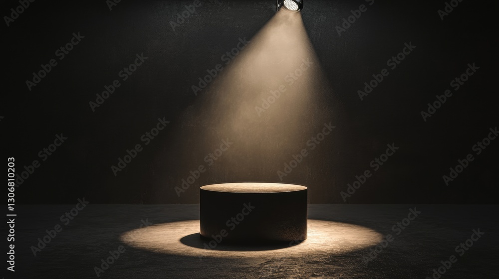 Poster round, cylindrical object in the center of a dark room. the object appears to be made of a light-col