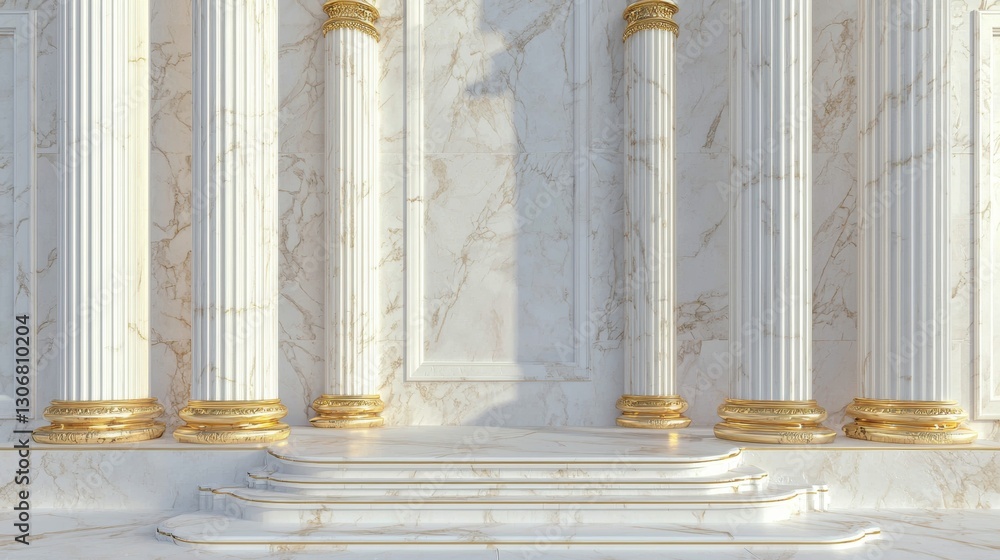 Fototapete set of four white columns with gold accents on a marble floor. the columns are arranged in a symmetr