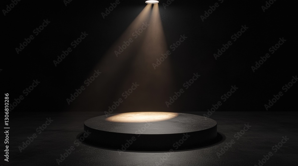 Poster black circular platform with a spotlight shining down on it. the spotlight is in the center of the i