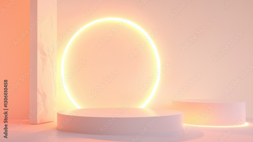 Poster 3d rendering of a circular light fixture in a room with a white wall on the left side and a pink flo