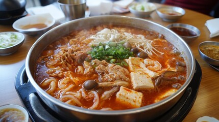76.A mouth-watering image of a simmering hot pot, featuring an assortment of ingredients like thinly sliced pork, shrimp, mushrooms, and tofu, all cooked in a fragrant broth, with various bowls of