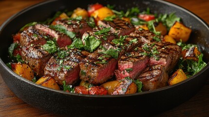 Fototapeta premium grilled steak with fresh vegetables in a skillet on dark wooden background