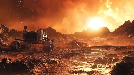 Futuristic rover explores the red planet under a fiery sun