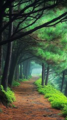 Scenic Pine Forest Path with Green Trees and Lush Vegetation