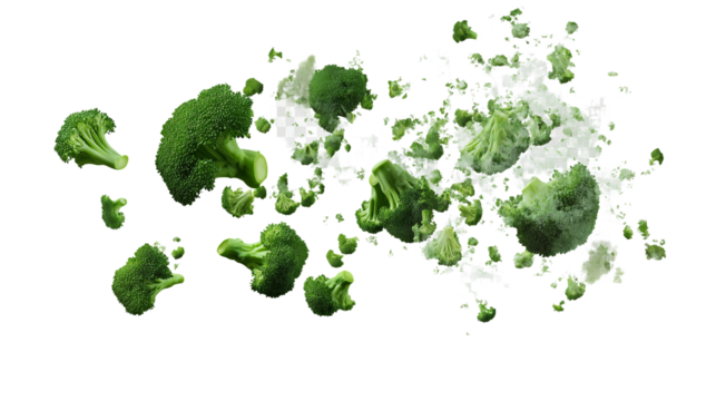 falling broccoli isolated on white or transparent png