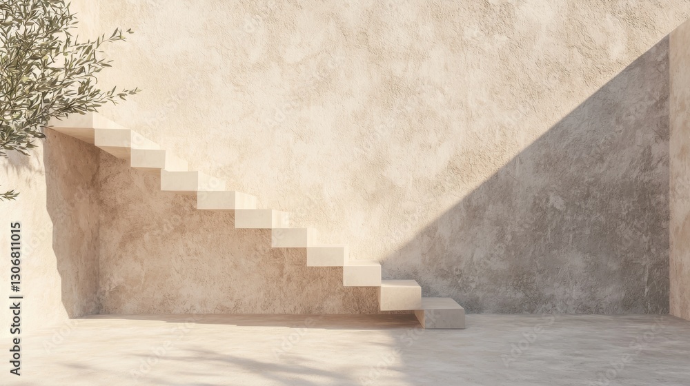 Poster set of stairs in an empty room with a concrete floor. the walls are painted in a light beige color a