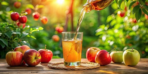 High-definition photo captures vibrant garden scene; fresh apple juice pours elegantly.