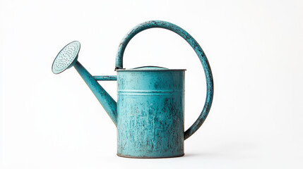 Blue Metal watering can centered on white background with high contrast for easy editing