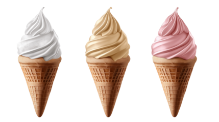 different sorts of ice cream scoop on waffle cone isolated on white or transparent png