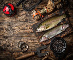 Bass and Trout on Rustic Wooden Surface with Fishing Equipment in style of High-Resolution Realistic Photograph For Rustic Background Use with Diffused Lighting and Ample Copy Space