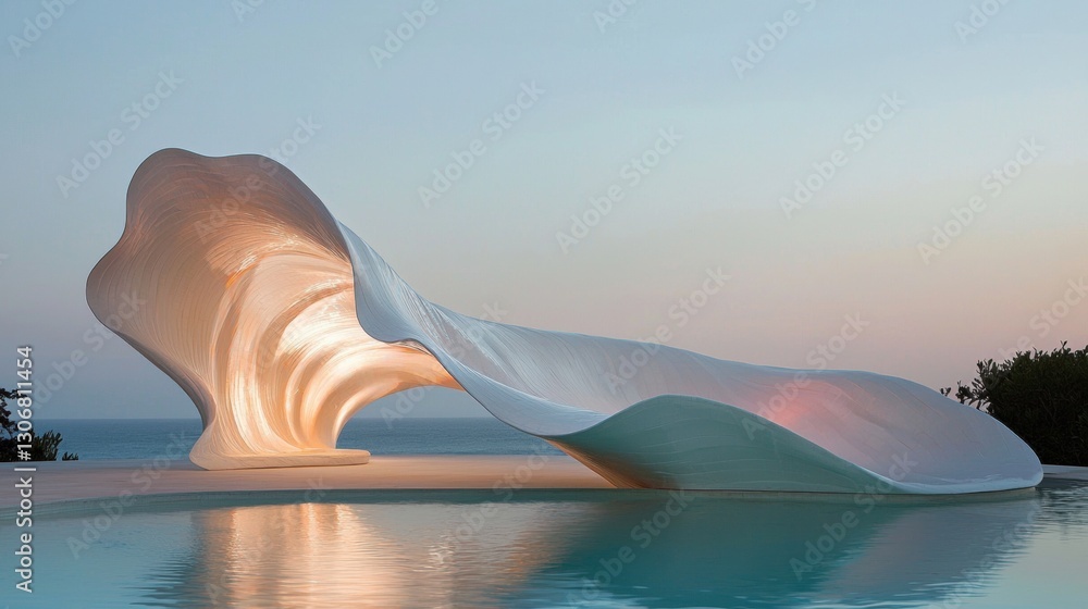 Poster large, abstract sculpture that is floating on the edge of a swimming pool. the sculpture is made of 