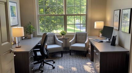 Fototapeta premium Modern office, sunny window, two chairs, meeting