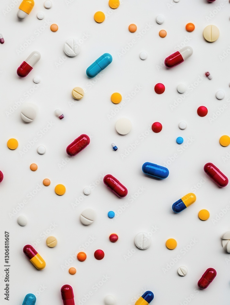 Poster colorful capsules scattered on a minimalist background showcasing medical elements and vibrant desig