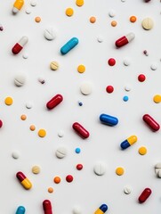 Colorful capsules scattered on a minimalist background showcasing medical elements and vibrant design aesthetics Generative AI