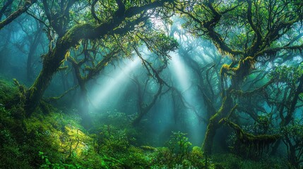 Sunbeams illuminate a mystical, moss-covered forest.