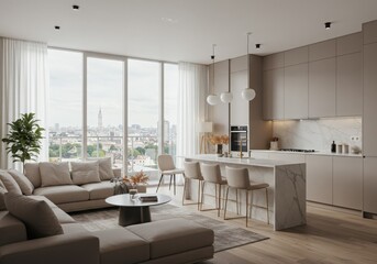 Fototapeta premium Modern kitchen mockup table interior in a luxury home with stylish design, windows, furniture, and a spacious layout