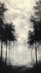 Obraz premium A serene monochrome landscape featuring tall trees against a misty sky, conveying tranquility and depth in a minimalist style.