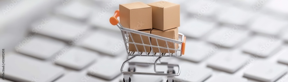 Poster small shopping cart with boxes on computer keyboard representing online shopping chaos