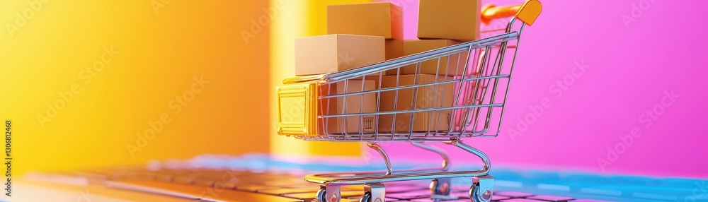 Poster small shopping cart with boxes on computer keyboard in colorful chaotic workspace setting