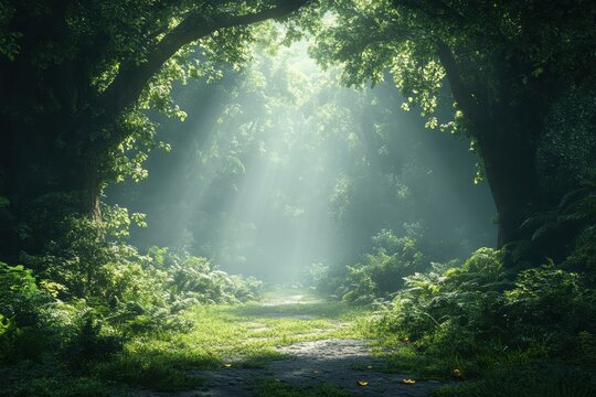 A serene forest path illuminated by sunlight filtering through leaves, creating a tranquil atmosphere filled with vibrant greenery and peace.